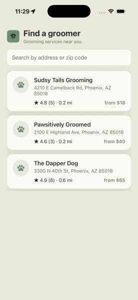 Browse tab showing nearby groomers
