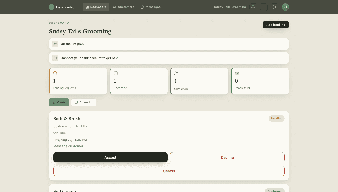 PawBooker groomer dashboard open in a desktop browser