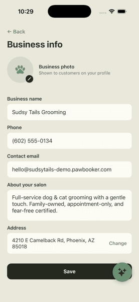 Business info screen for setting up a salon profile